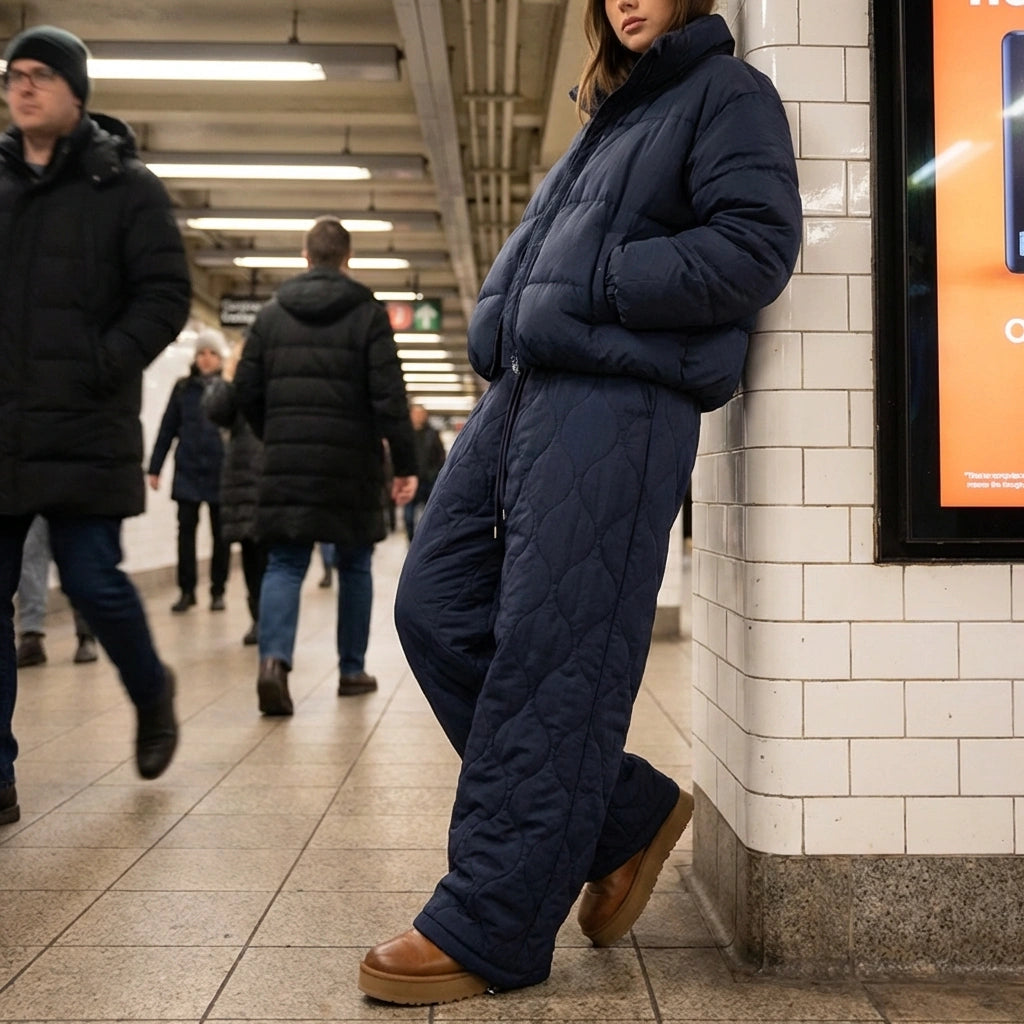 Kovara thermal quilted wide-leg trousers in navy blue, styled with a matching puffer jacket and platform boots in an urban subway setting.