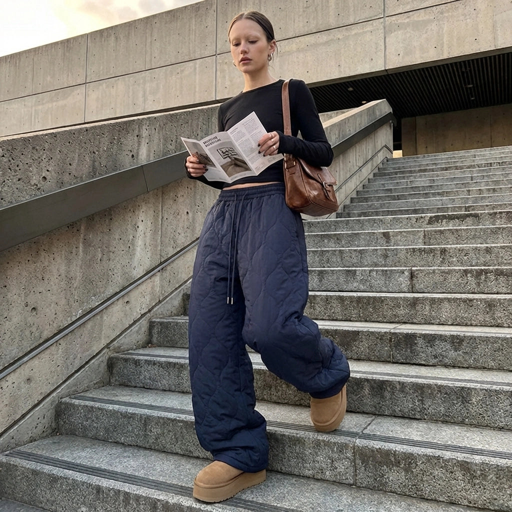 Kovara thermal quilted wide-leg trousers in navy blue, worn with platform boots in an urban setting to show the diamond stitching and oversized streetwear fit.