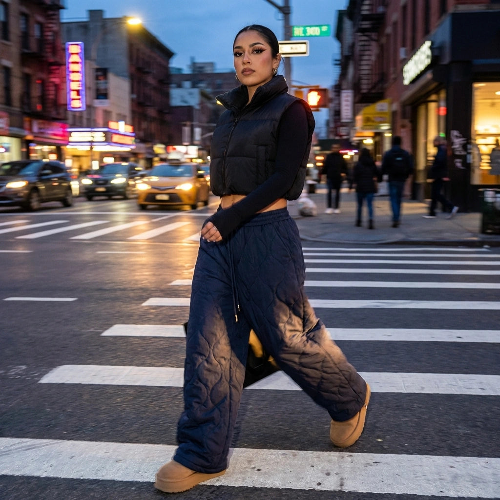Kovara thermal quilted wide-leg trousers in navy blue, worn by a model in an urban street setting showing the diamond stitching and relaxed fit.