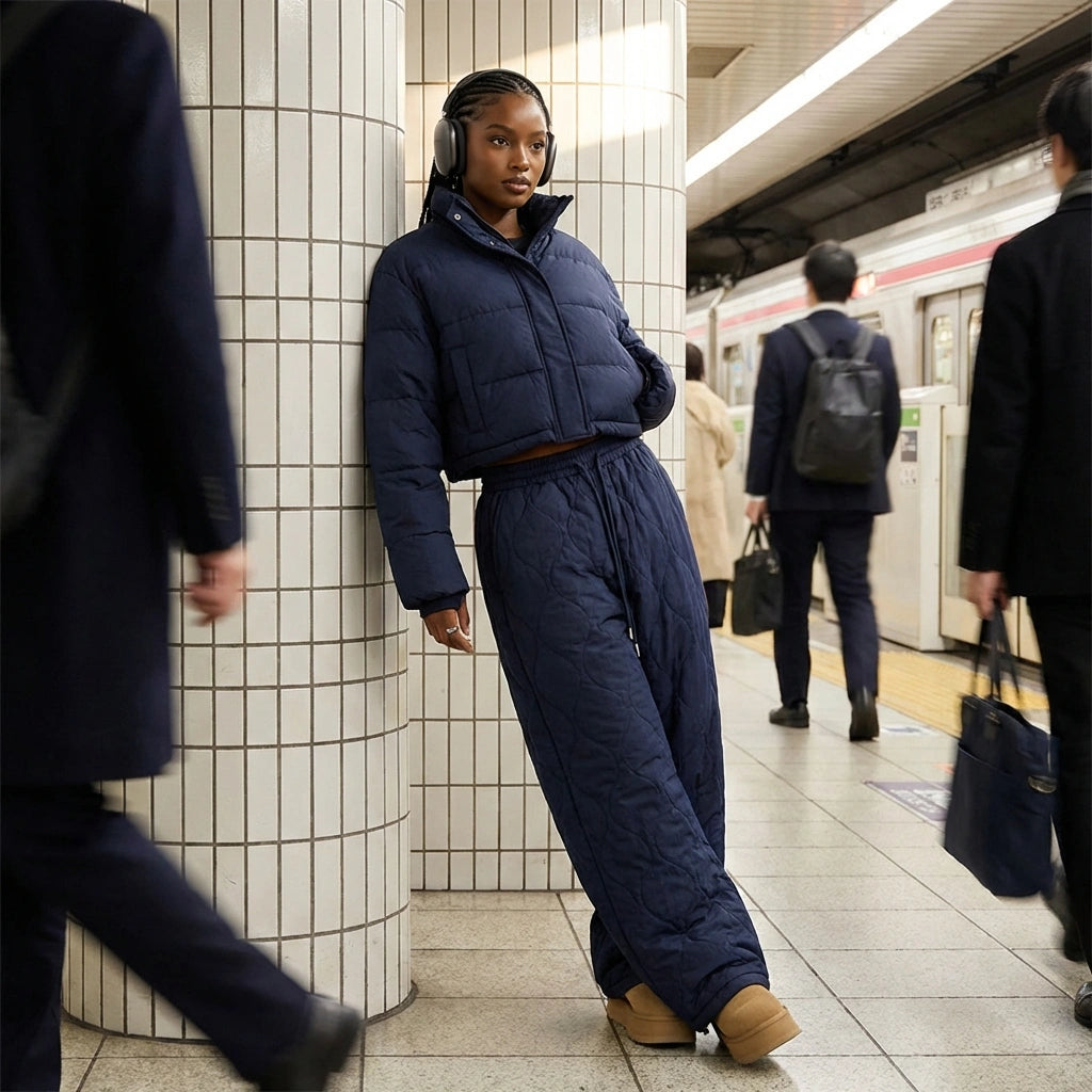 Kovara thermal quilted wide-leg trousers in navy blue, worn by a commuter in a subway station, showing the diamond stitch pattern and relaxed fit.