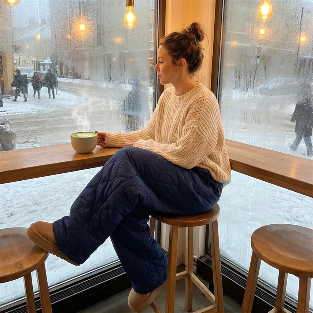 Kovara thermal quilted wide-leg trousers in navy blue, worn by a woman sitting in a cafe with a snowy winter background.