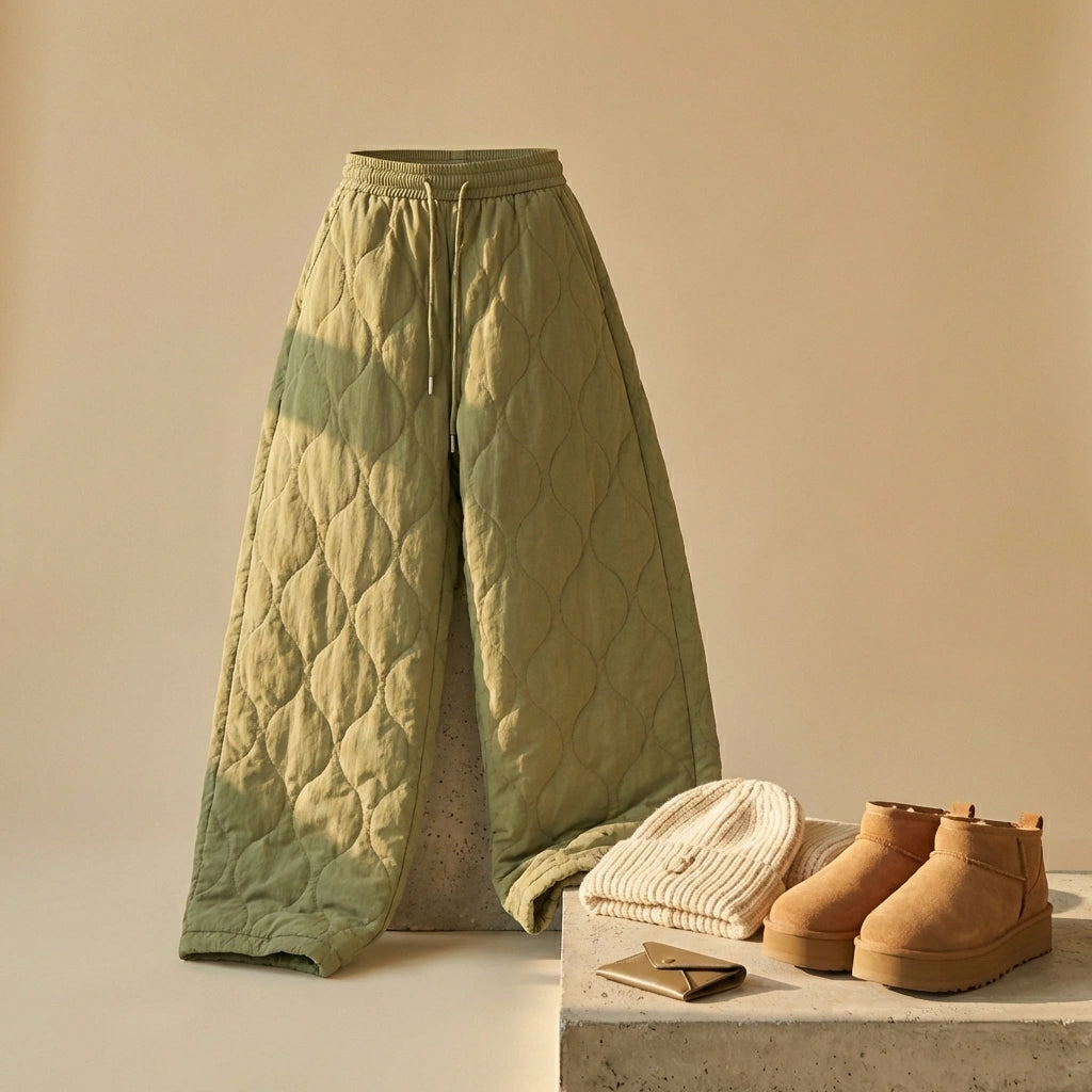 Kovara thermal quilted wide-leg trousers in olive green, styled with tan platform boots and a cream beanie for a winter streetwear look.