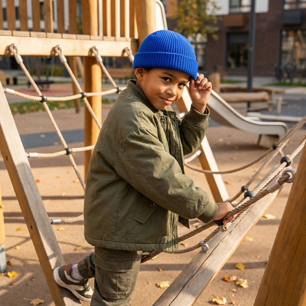 Kovari Docker Beanie fisherman hat in Cobalt Blue worn by a young boy climbing on a playground rope structure.