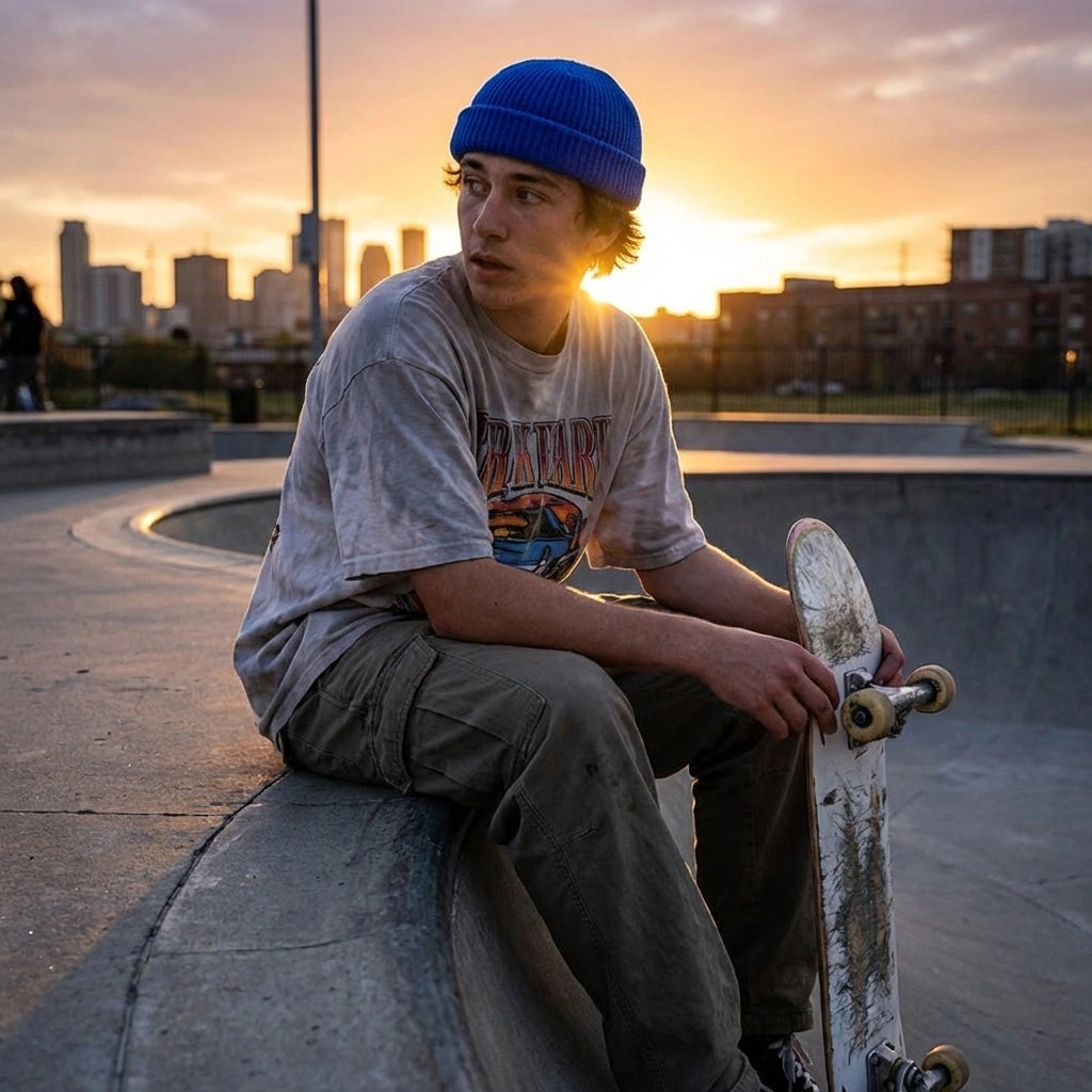 Kovari docker beanie in cobalt blue worn by a skateboarder sitting at a city skate park during sunset.