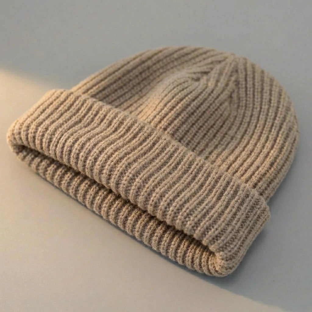 Kovari docker beanie fisherman hat in beige ribbed knit — three-quarter view showing the structured rolled cuff and soft texture.