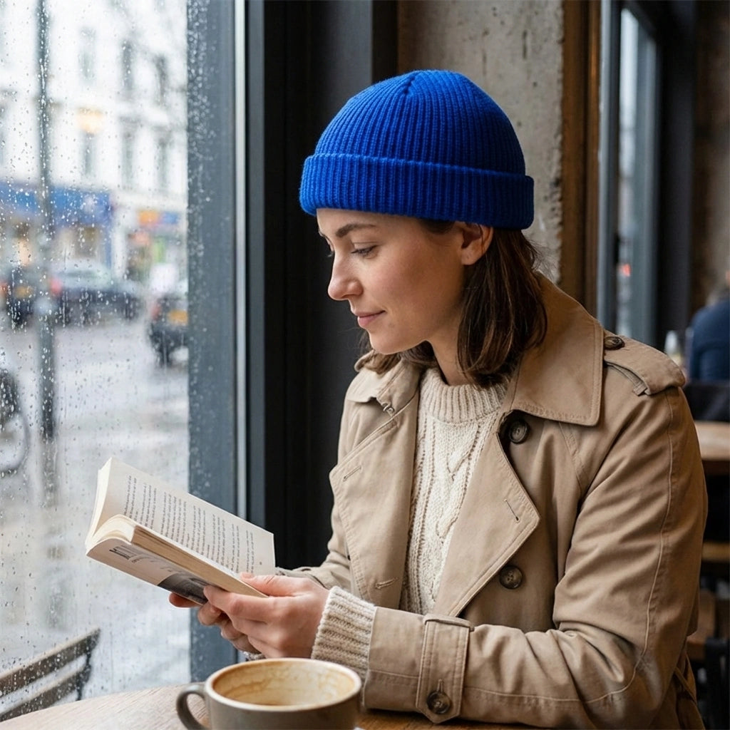Kovari docker beanie in cobalt blue worn by a woman reading in a cafe — side view showing the ribbed knit texture and snug fisherman fit.