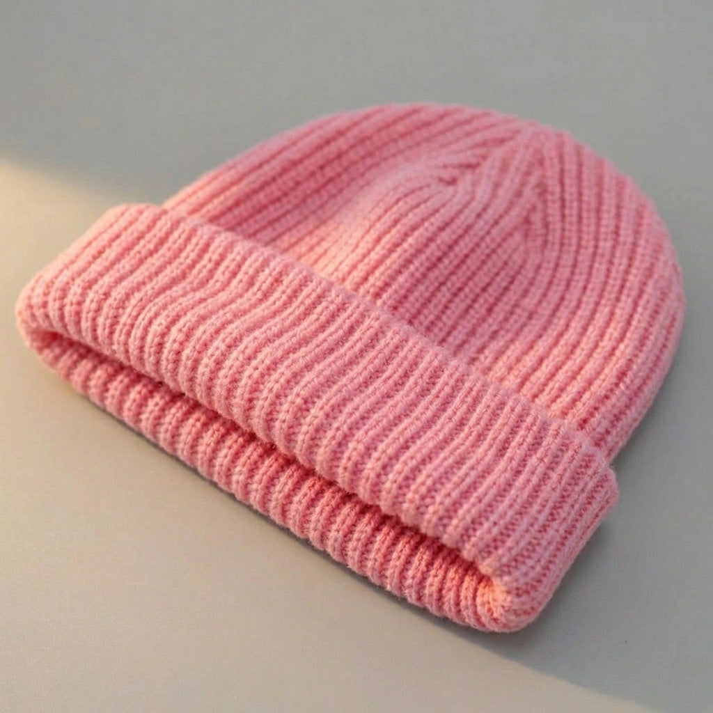 Kovari Docker Beanie fisherman hat in soft pink ribbed knit — three-quarter view showing structured rolled cuff and vertical weave.