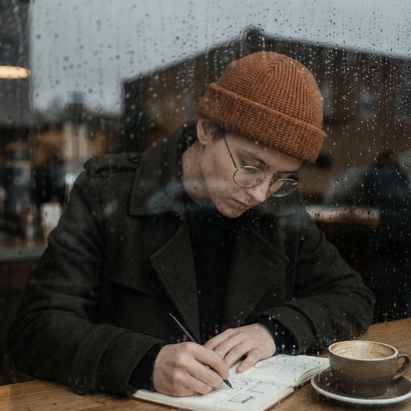 Kovari urban docker beanie in rust orange knit worn by a young man writing in a cafe behind a rainy window.