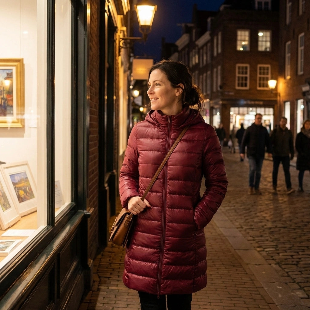Woman wearing a Kovera burgundy long puffer coat with a slim fit and hood, standing on a cobblestone street at night.