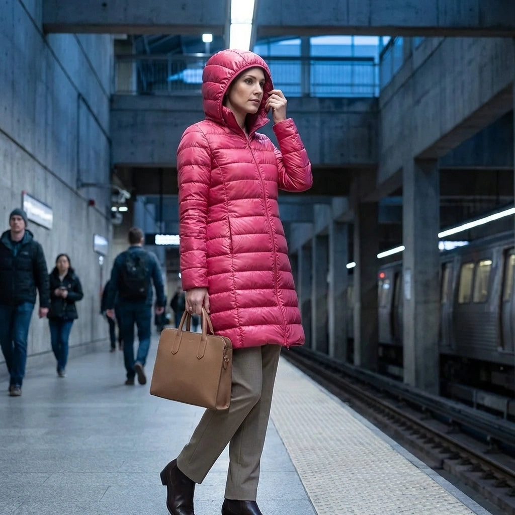 Kovera long puffer coat in pink with slim fit silhouette and hood, worn by a woman on a subway platform.