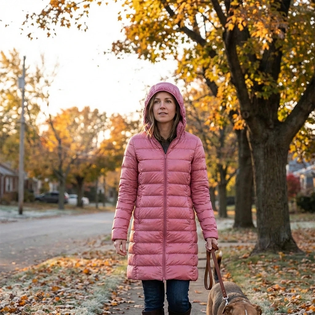 Kovera long puffer coat in soft rose with slim fit and hood, worn by a woman walking a dog on an autumn day.