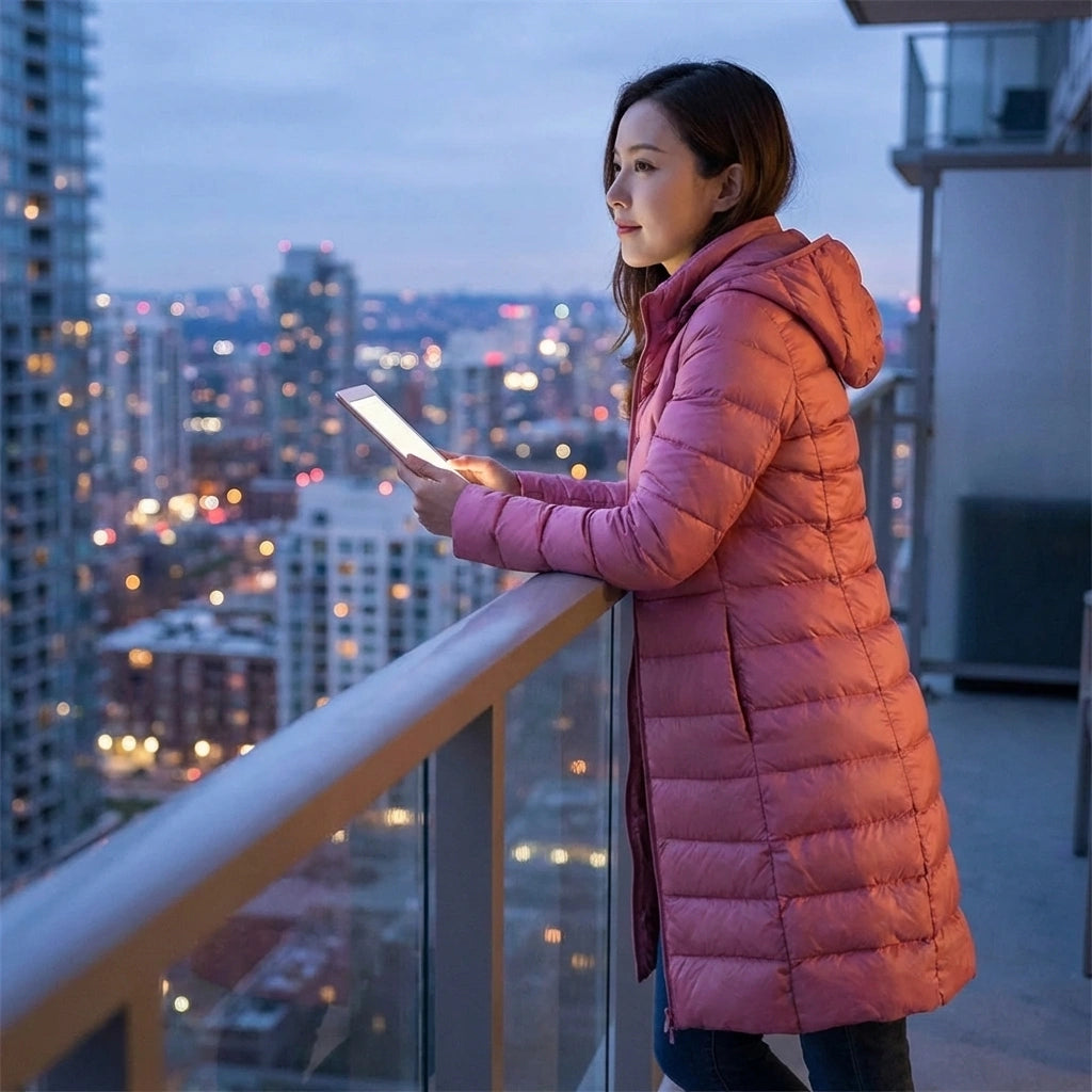 Kovera long puffer coat in soft rose with slim fit silhouette and hood, worn by a woman on a city balcony at dusk.
