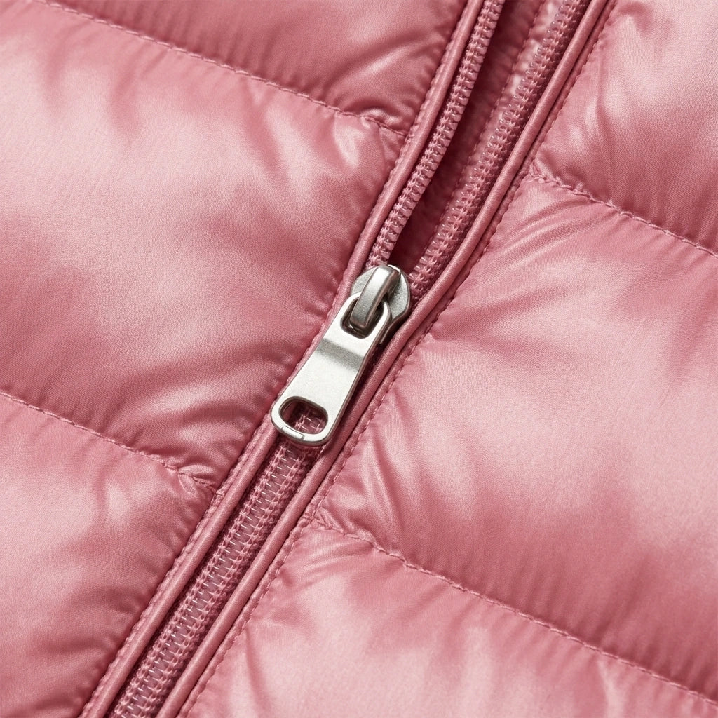 Close-up of the high-quality metallic zipper and soft rose pink quilted fabric on the Kovera slim fit long puffer coat.