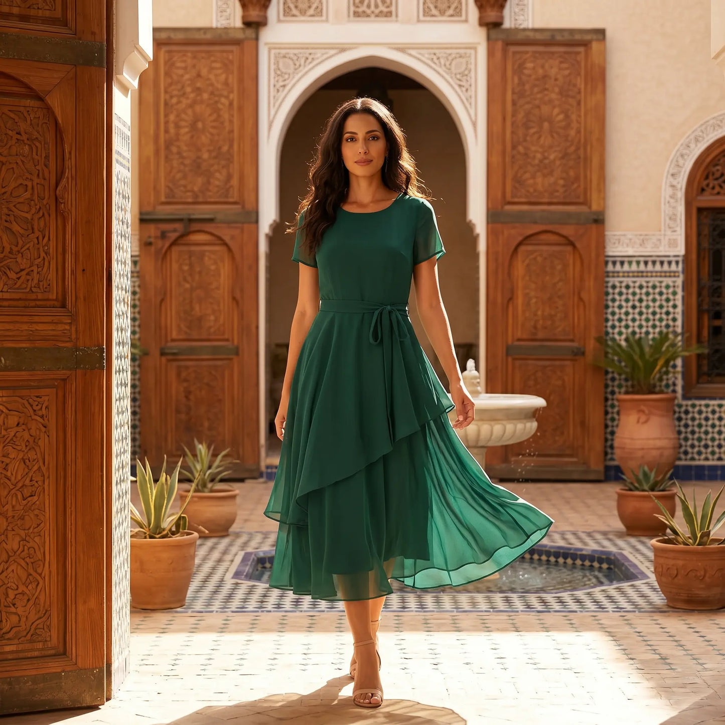 Elegant woman in a flowing emerald green Kozumi A-line layered chiffon midi dress with sheer cap sleeves and a self-tie waist, walking in a sunlit Moroccan courtyard.