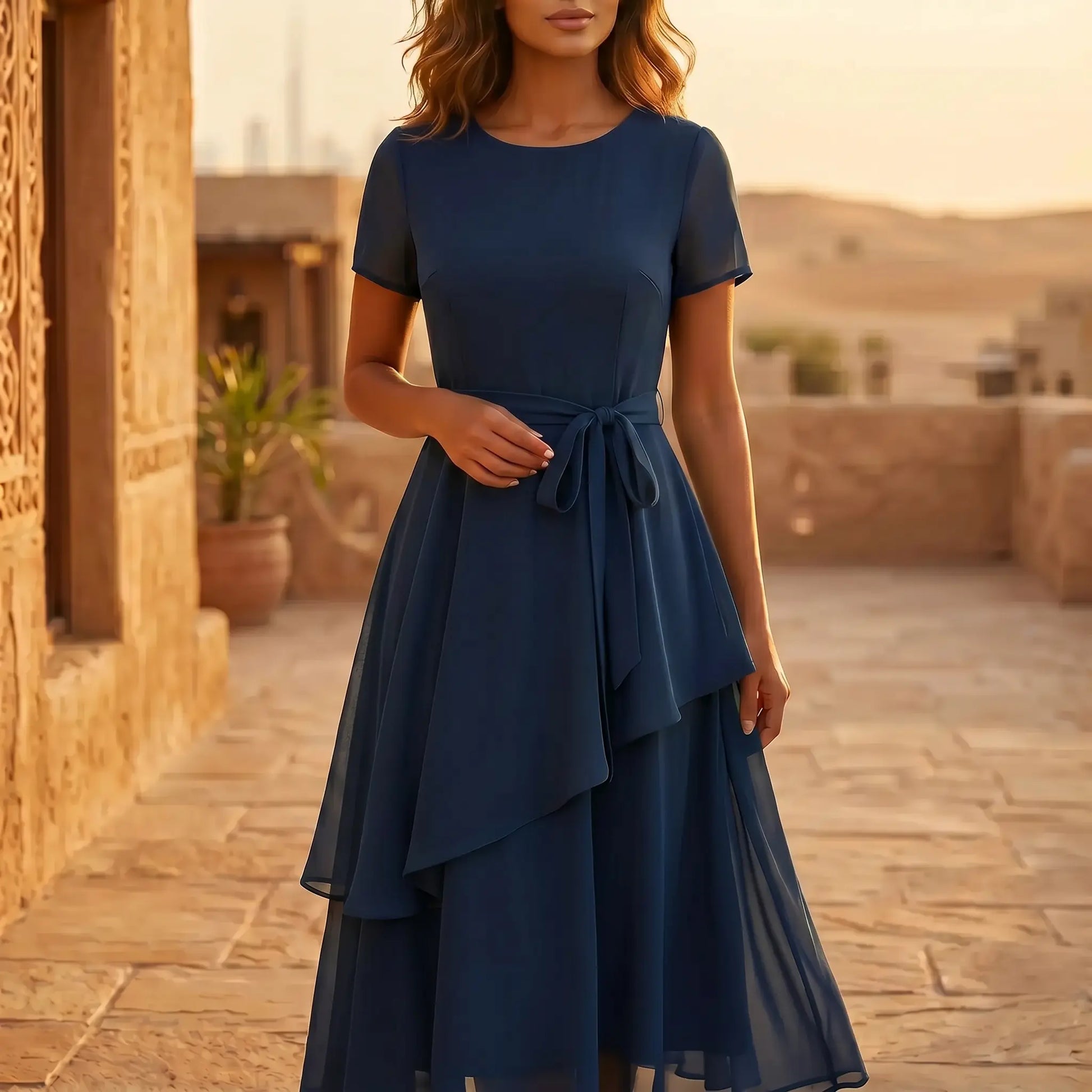 Kozumi Midnight Blue A-line midi dress with a round neck, sheer cap sleeves, and asymmetric layered chiffon skirt. Model wears the self-tie waist dress in a warm, outdoor setting.
