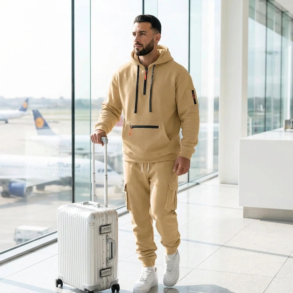 Krovax Tech Fleece Urban Utility Set in beige Sand Dune worn by a man in an airport, showing the half-zip hoodie and cargo joggers with tactical pockets.