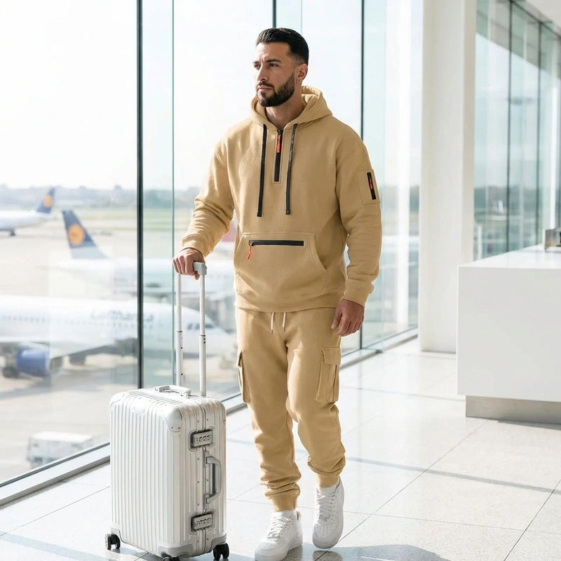 Krovax Tech Fleece Urban Utility Set in beige Sand Dune worn by a man in an airport, showing the half-zip hoodie and cargo joggers with tactical pockets.