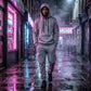 Krovax men's tech fleece cargo tracksuit in grey — front lifestyle view showing tactical pockets and half-zip hoodie in an urban setting.