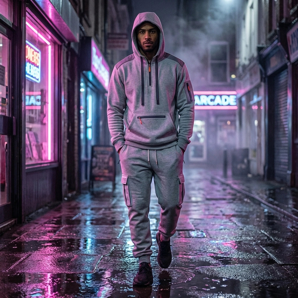 Krovax men's tech fleece cargo tracksuit in grey — front lifestyle view showing tactical pockets and half-zip hoodie in an urban setting.