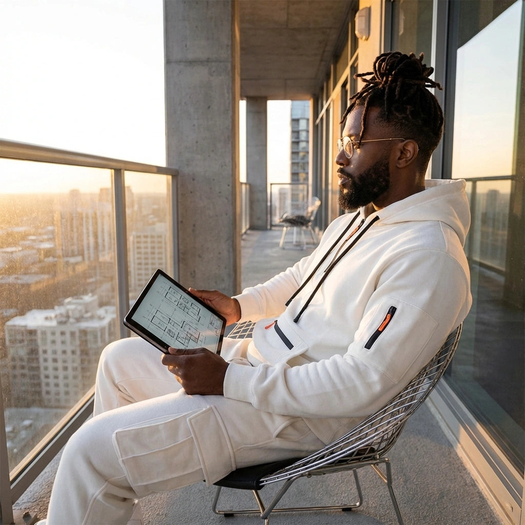 Krovax Tech Fleece Urban Utility Set in white, seated side view showing the tactical sleeve pocket and cargo joggers on a city balcony.