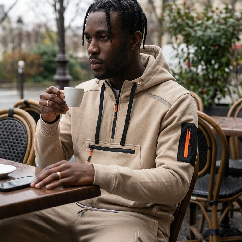 Krovax men's tech fleece cargo tracksuit in beige, worn in an urban setting showing the tactical sleeve pocket and half-zip hoodie details.