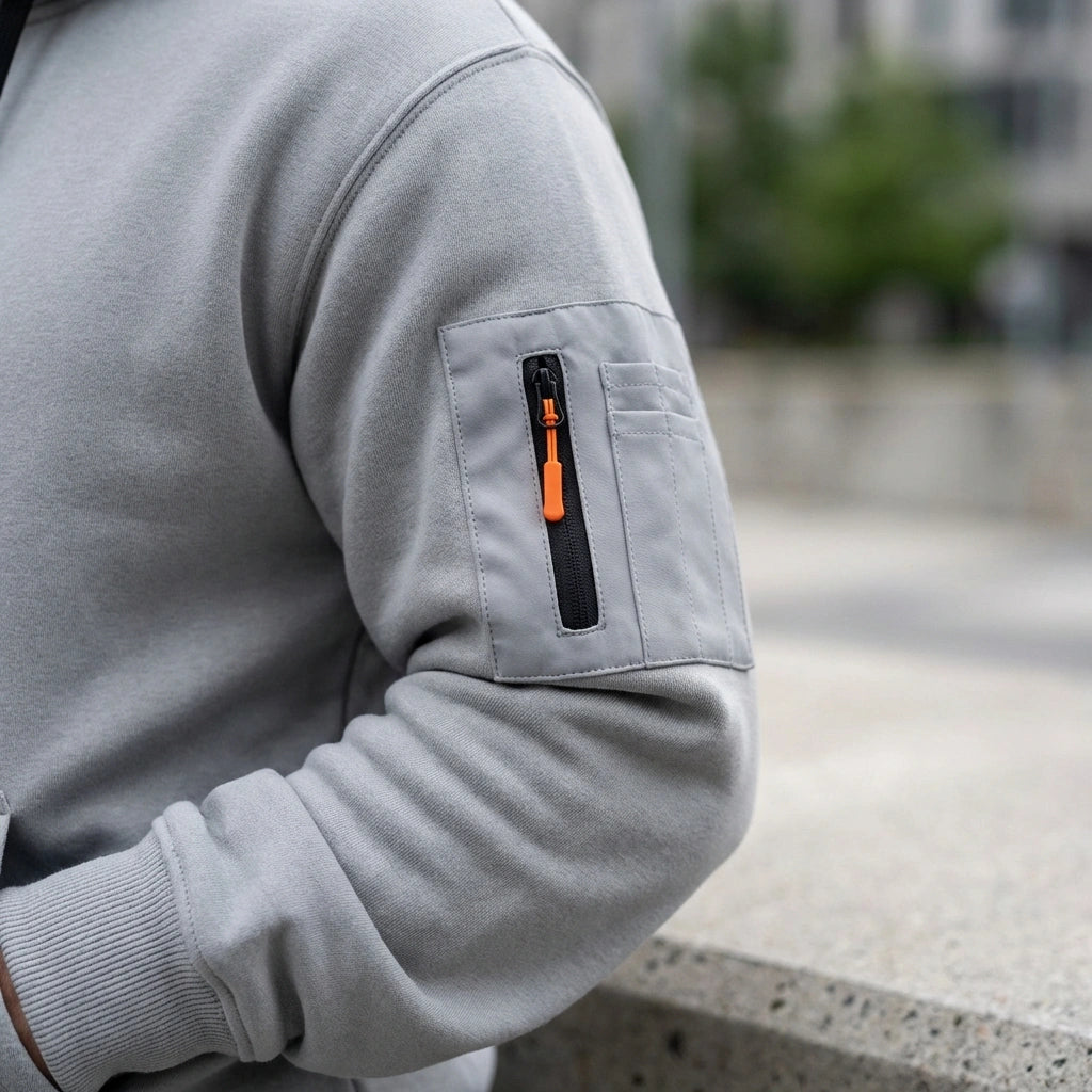 Krovax Tech Fleece hoodie in grey showing the tactical zippered sleeve pocket with orange pull tab and ribbed cuff detail.