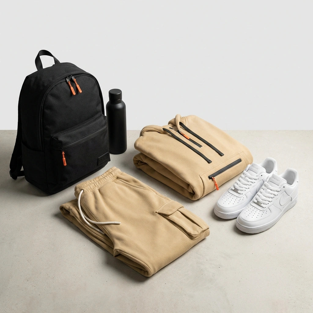 Krovax Tech Fleece Urban Utility Set in Sand Dune beige folded in a flat lay arrangement with black backpack and white sneakers.