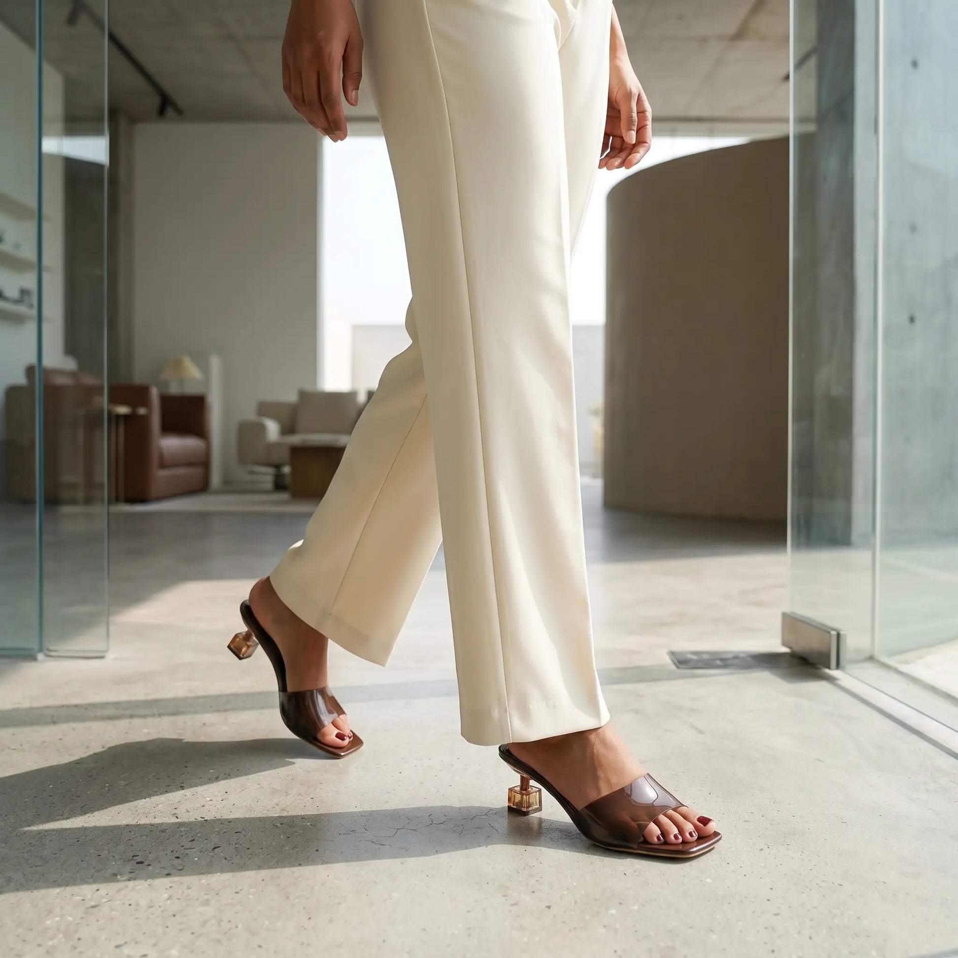 A woman walks in a modern interior wearing nude pink slip-on mule sandals featuring a semi-transparent strap, square toe, and a clear geometric block heel, paired with cream trousers.