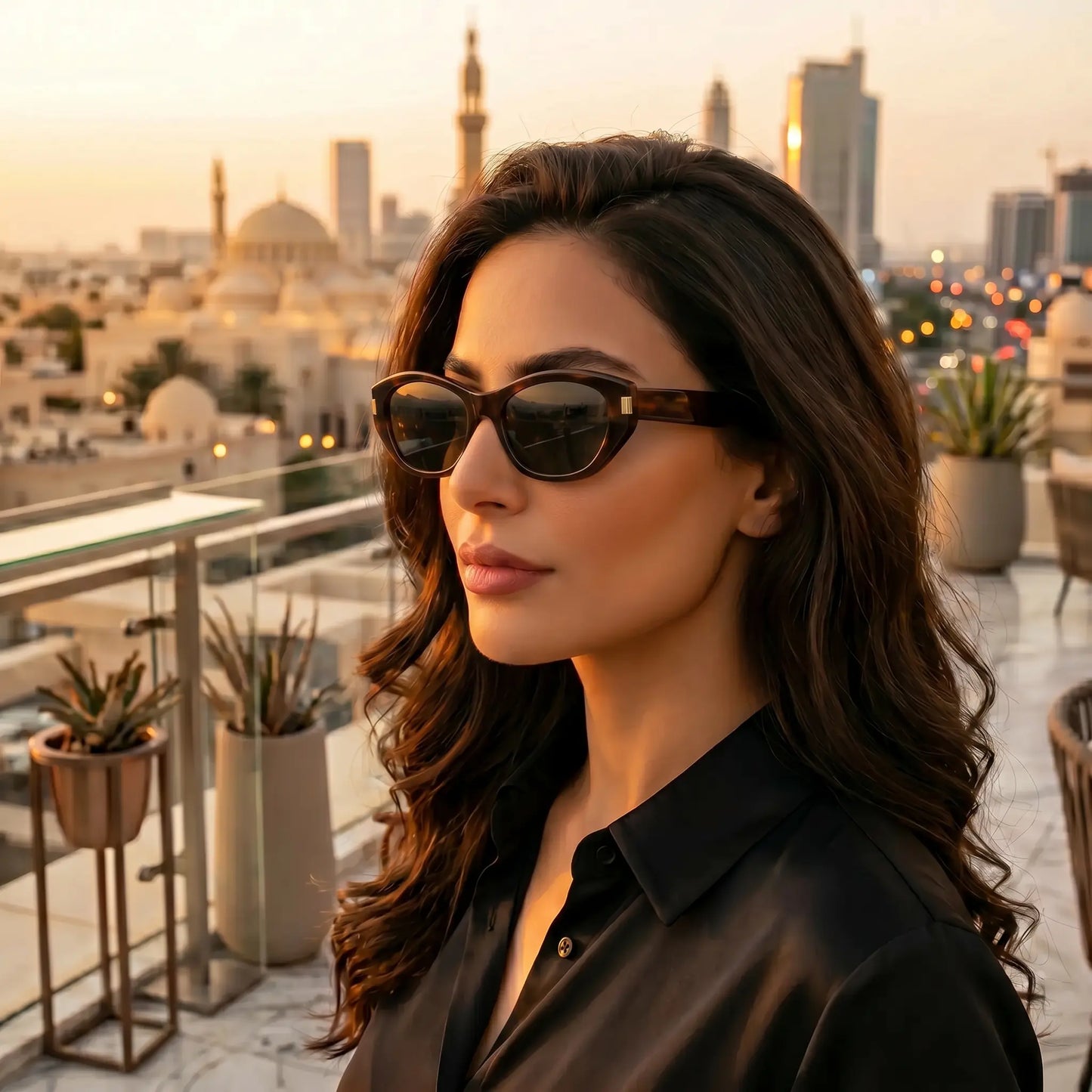 Elegant woman wears Kyndox cocoa brown cat-eye sunglasses with gold-tone accents, looking out at a city skyline during sunset.