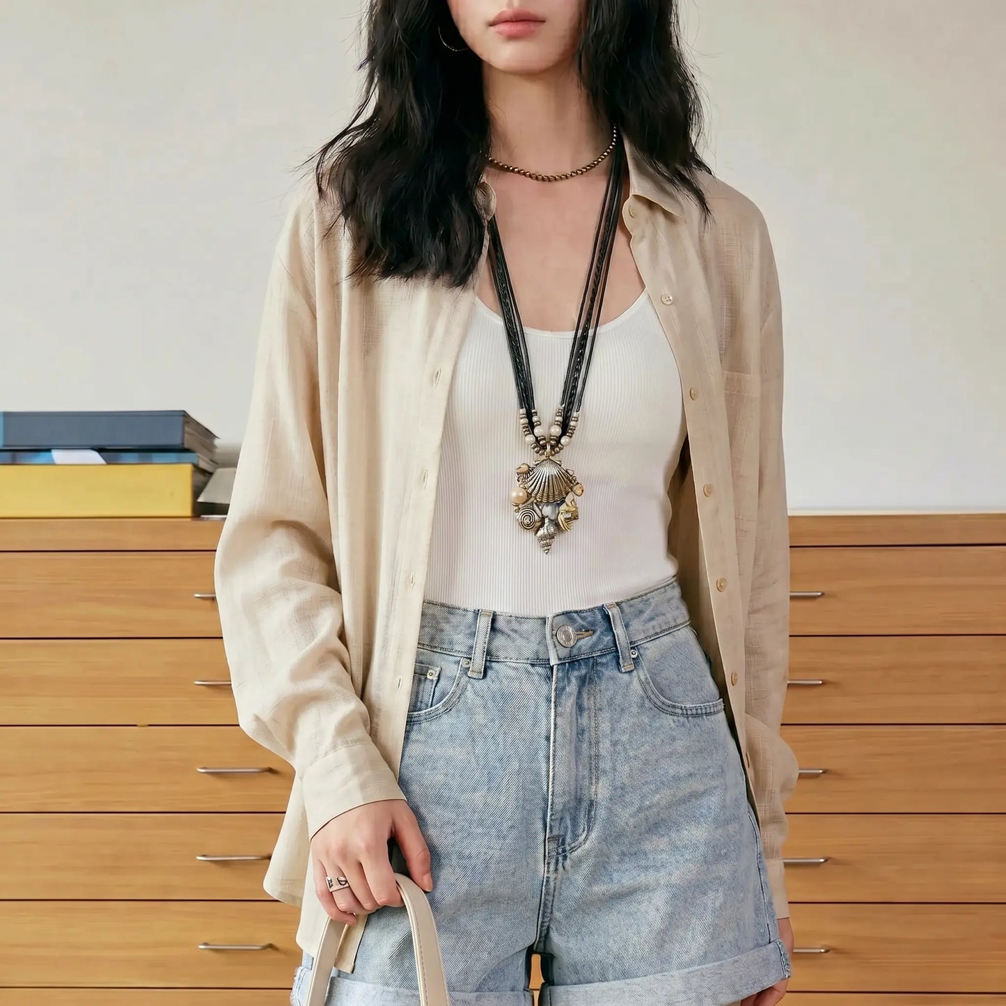 Raw Hemp Stripe Kynzor Tencel button-down blouse, styled open over a white tank top by a model, highlighting its relaxed fit.