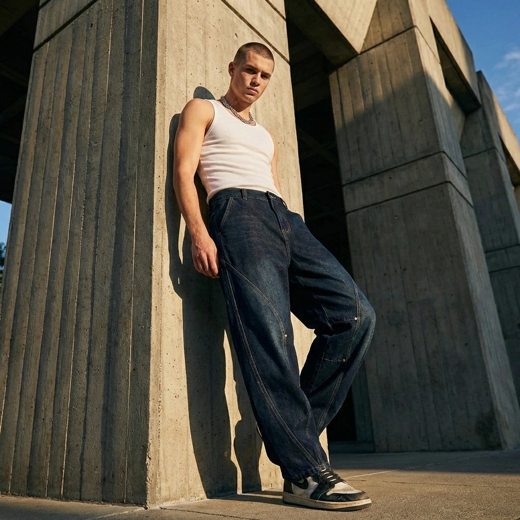 Kyro architectural curved leg jeans in midnight indigo, modeled in an urban concrete setting to showcase the voluminous balloon fit and signature curved seams.