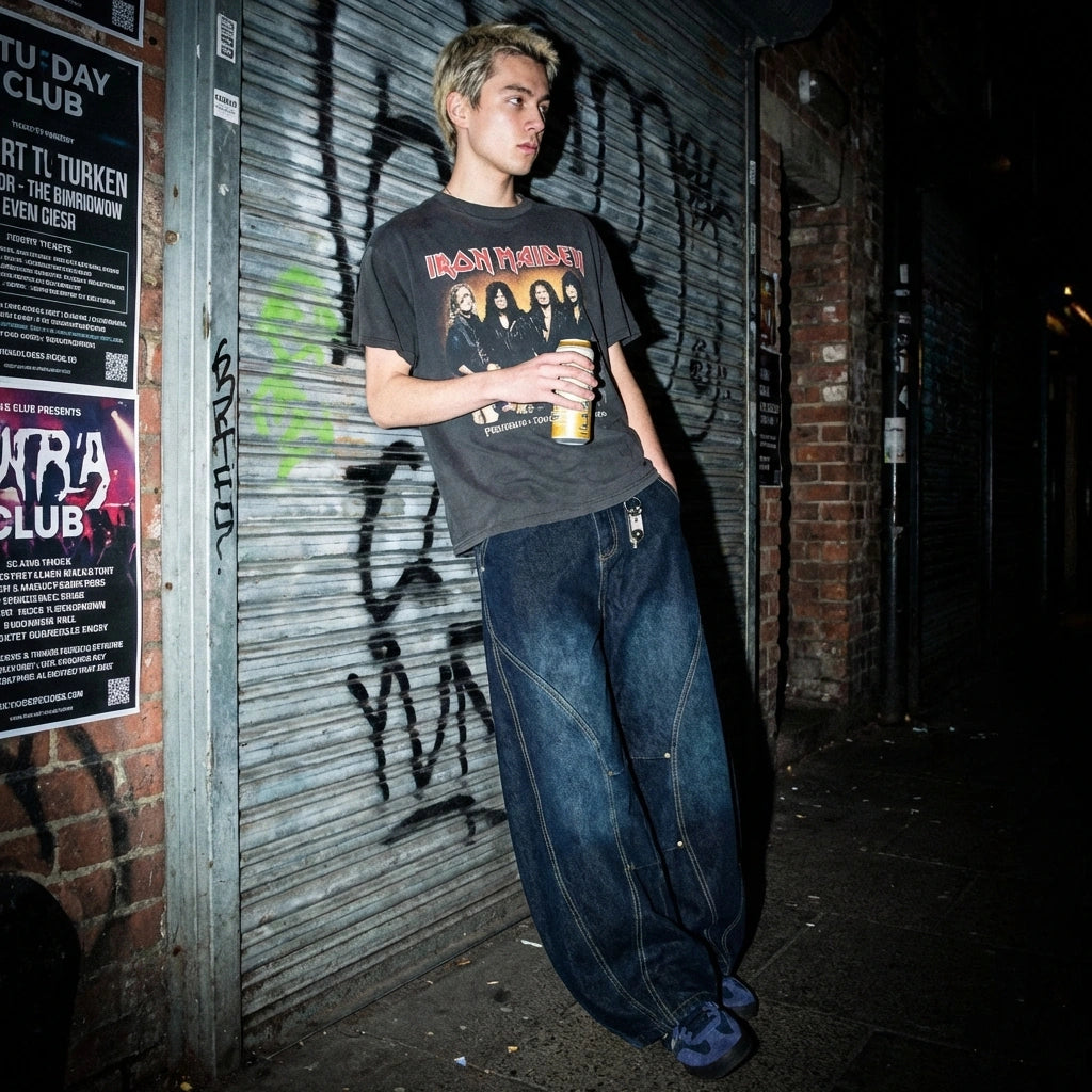 Kyro architectural curved leg jeans in midnight indigo worn by a model in an urban setting, showing the relaxed balloon fit and contrast stitching details.