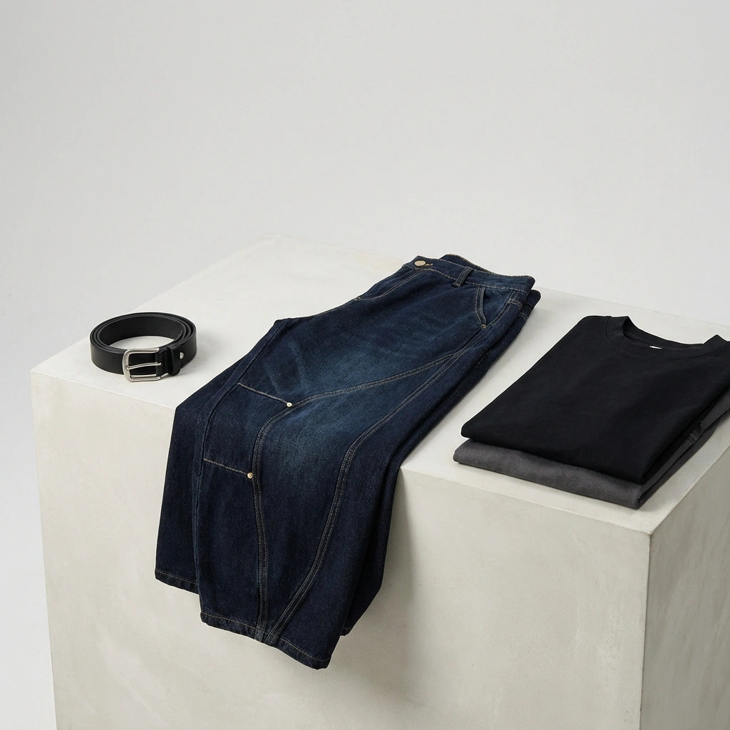 Kyro architectural curved leg jeans in midnight indigo folded on a display block, styled with a black leather belt and cotton tees.