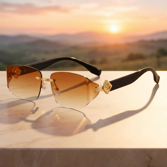 Kyzyl rimless angular sunglasses with gradient brown lenses, gold geometric temple accents, and matte black arms on a white background. UV protection eyewear.