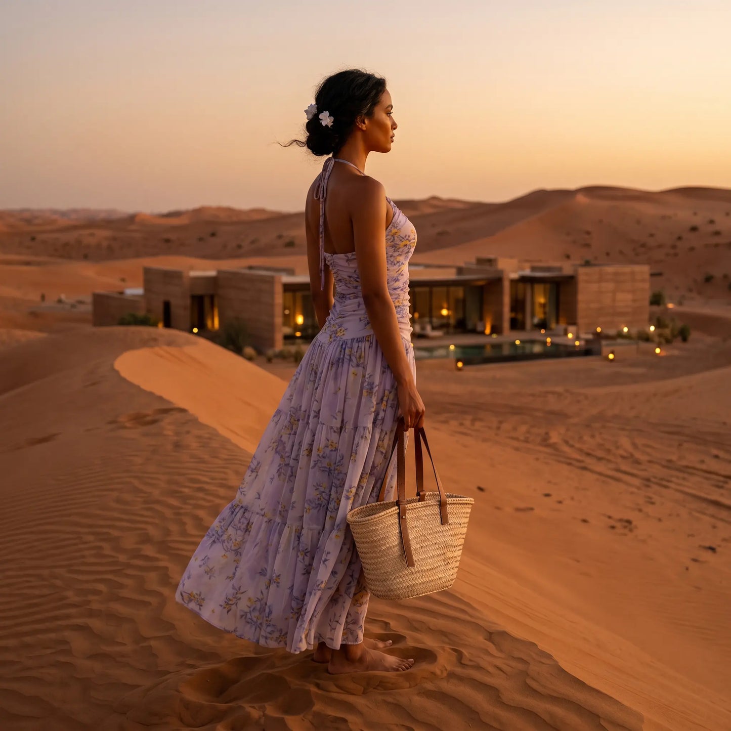 Woman wearing the Zevrak lilac floral mesh maxi dress with a ruched bodice and flowing A-line skirt, seen from a three-quarter back view, standing on a desert dune at sunset, holding a woven bag.