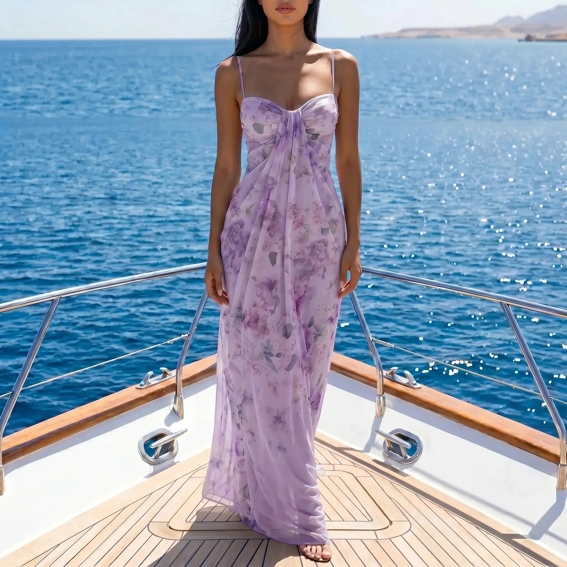 Model wearing a Zenthos Lilac Bloom Romantic Mesh Floral Maxi Dress with spaghetti straps and gathered bust, on a boat with ocean view.