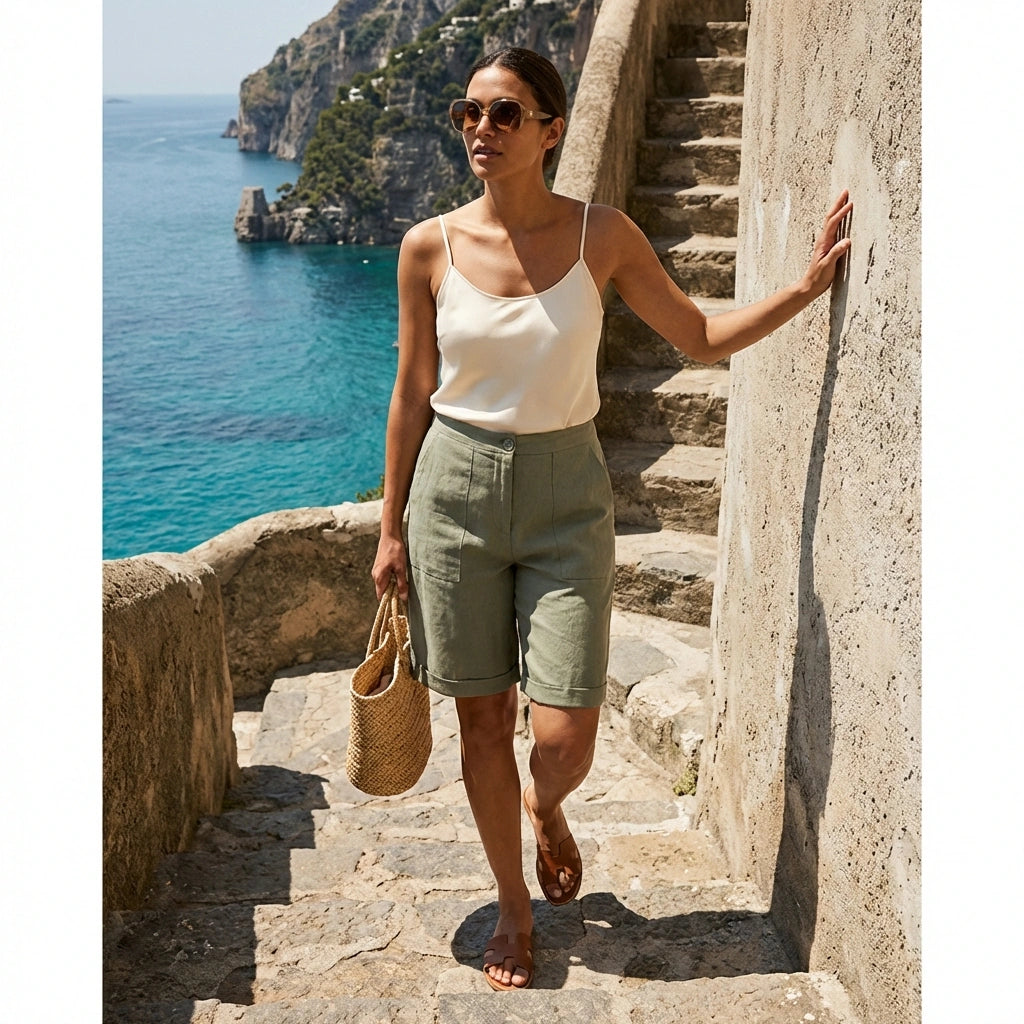 Linara high-waisted linen Bermuda shorts in sage green styled with a white camisole and straw bag on a coastal summer day.