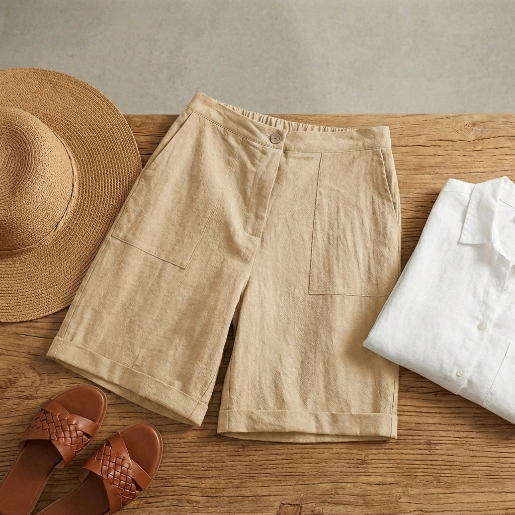 Linara high-waisted linen blend Bermuda shorts in beige, styled flat lay on wood with straw hat and leather sandals.