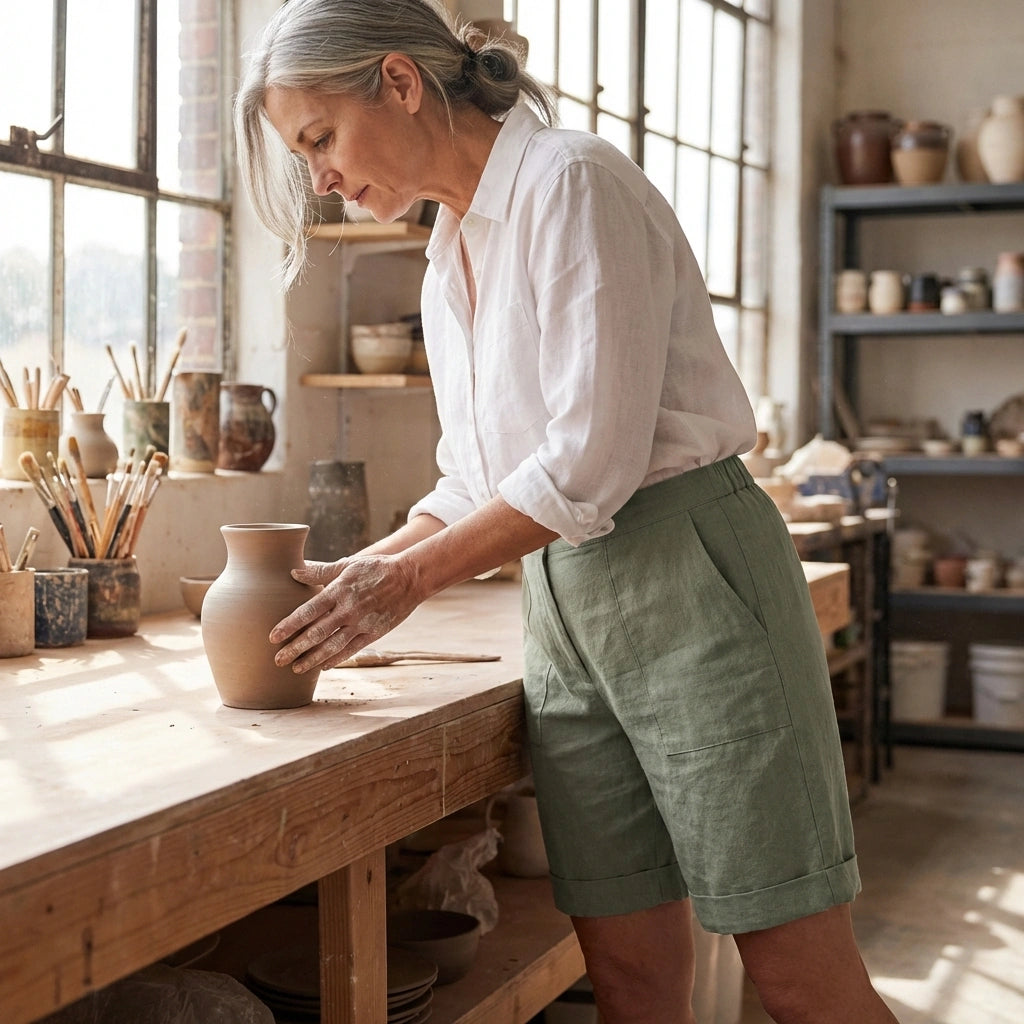 Linara high-waisted linen Bermuda shorts in sage green, worn by a woman shaping clay in a sunlit pottery studio, showing the deep patch pockets and cuffed hem.