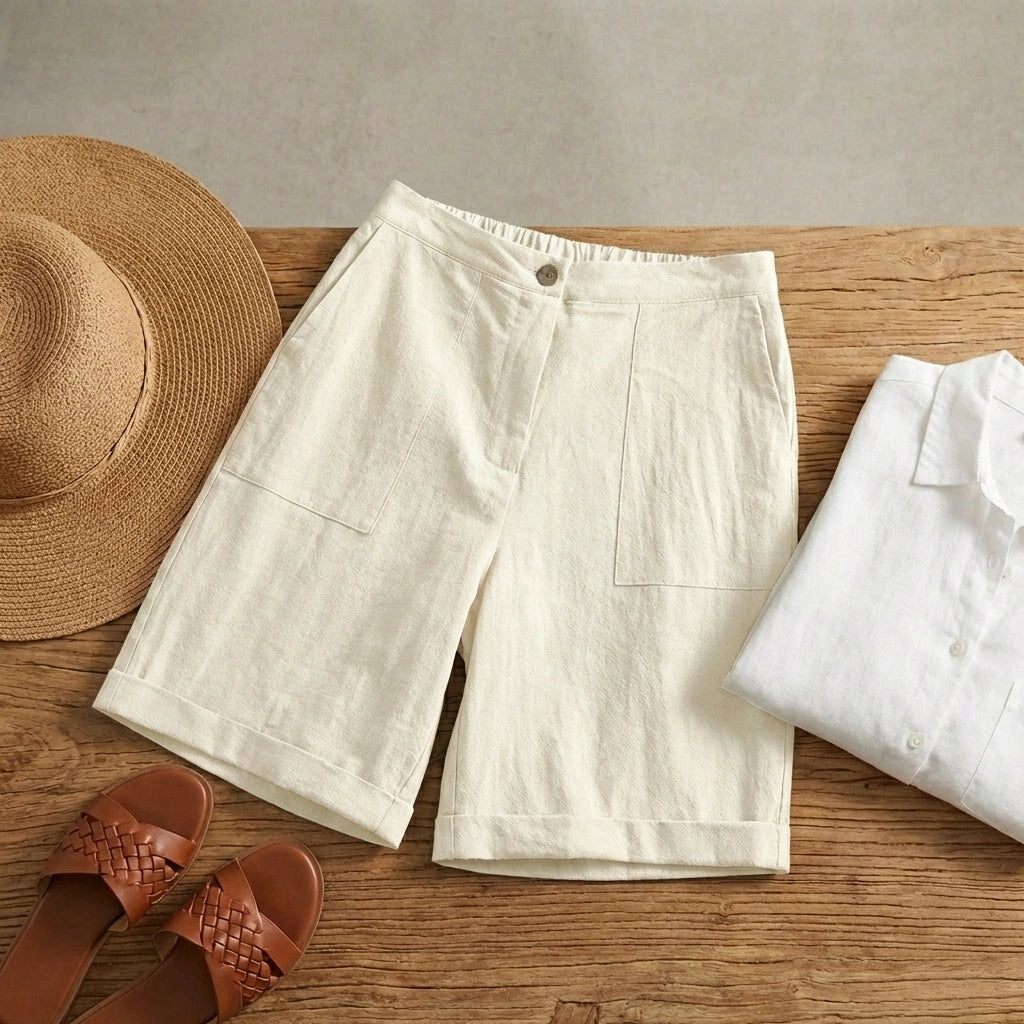 Linara high-waisted linen Bermuda shorts in beige featuring deep patch pockets and cuffed hems, styled in a summer flat lay with sandals.