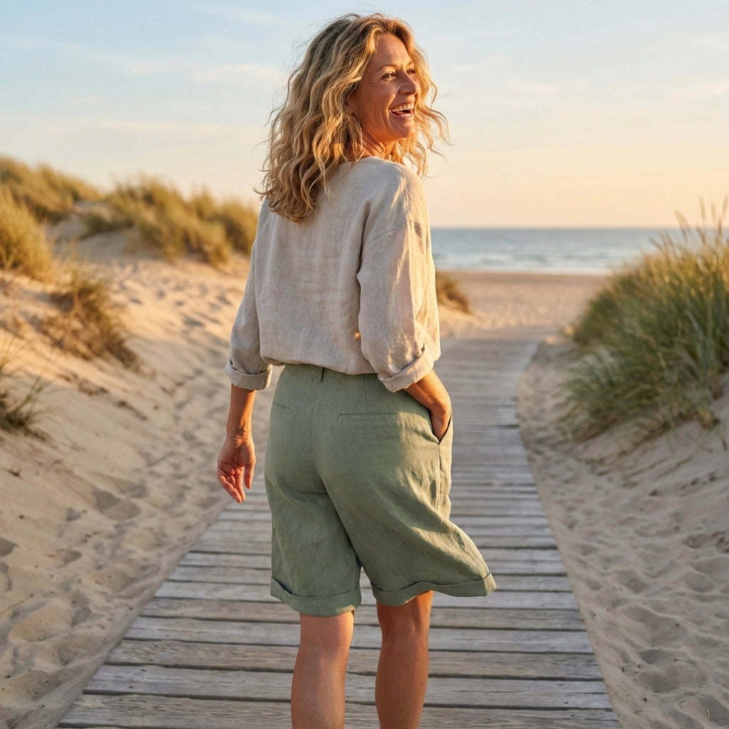 Linara high-waisted linen Bermuda shorts in Sage Green — back view of woman walking on beach boardwalk.
