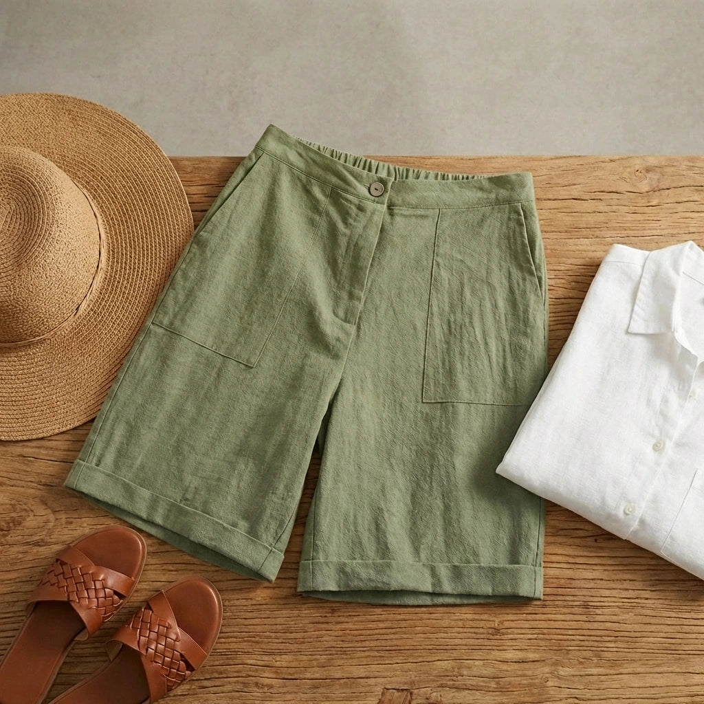Linara high-waisted linen Bermuda shorts in sage green, shown in a summer flat lay with sandals and a straw hat.