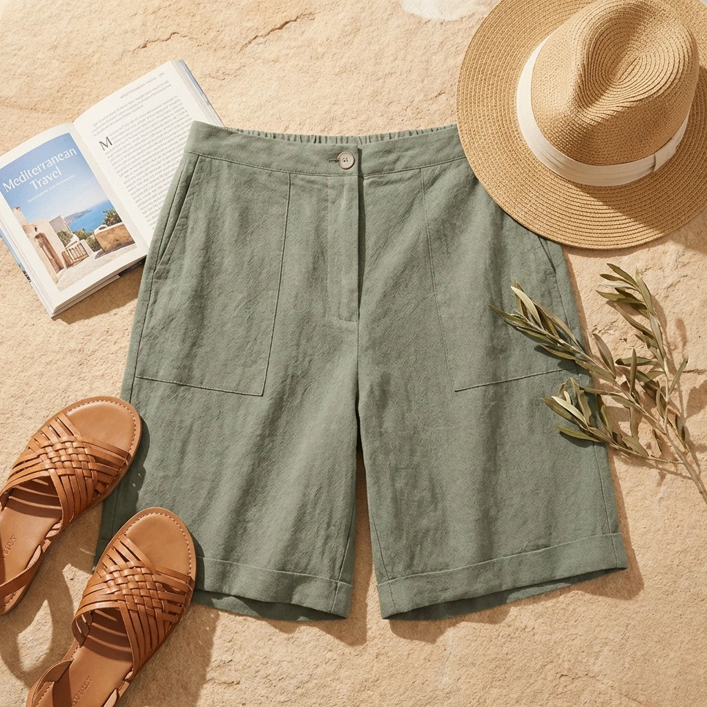 Linara High-Waist Linen Blend Bermuda Shorts in Sage Green — flat lay view with summer accessories on stone background.