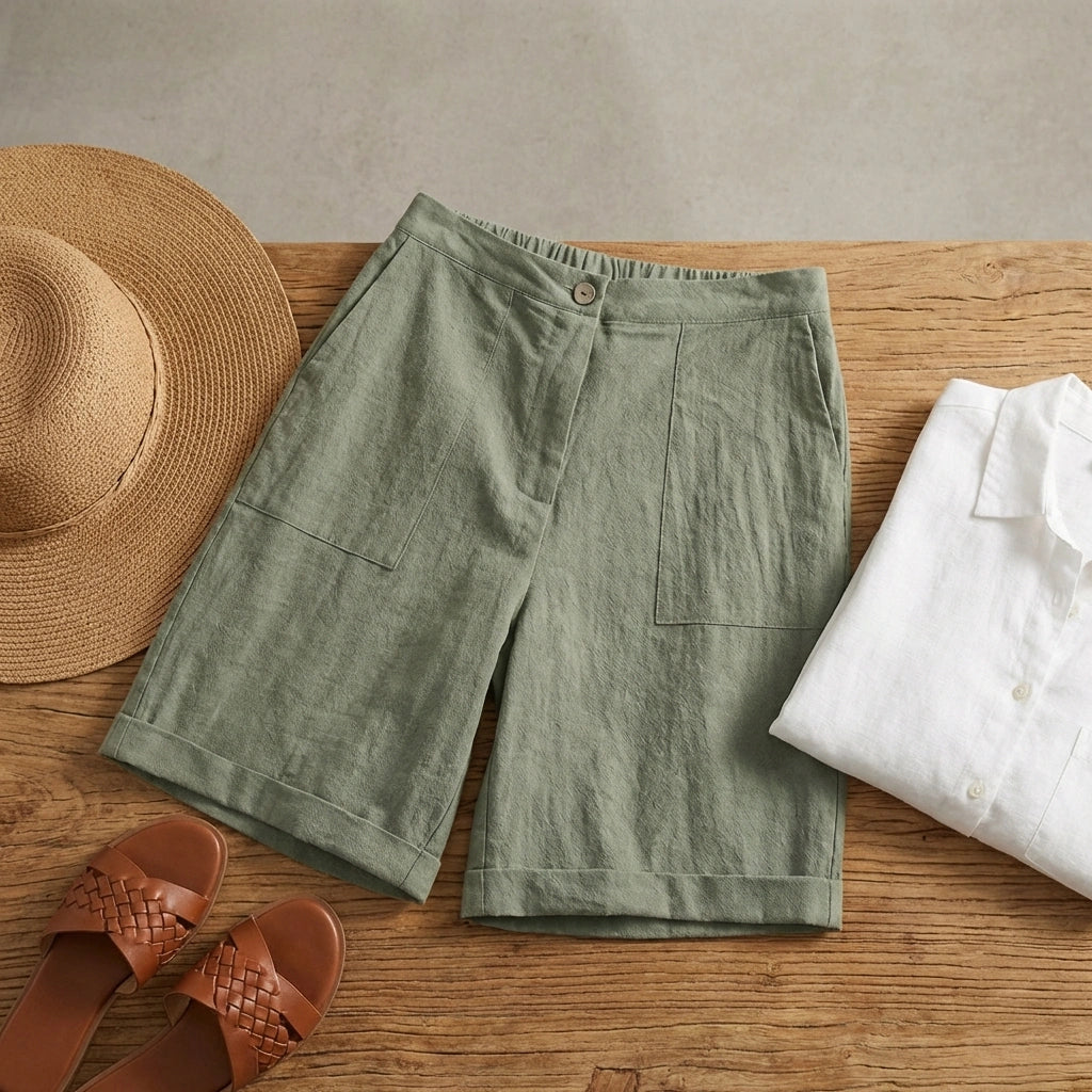 Linara high-waisted linen Bermuda shorts in sage green, styled flat-lay with a straw hat and leather sandals on a wooden table.