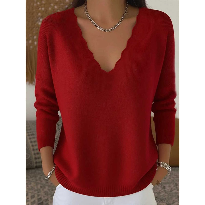 Scalloped V-Neck Pullover
