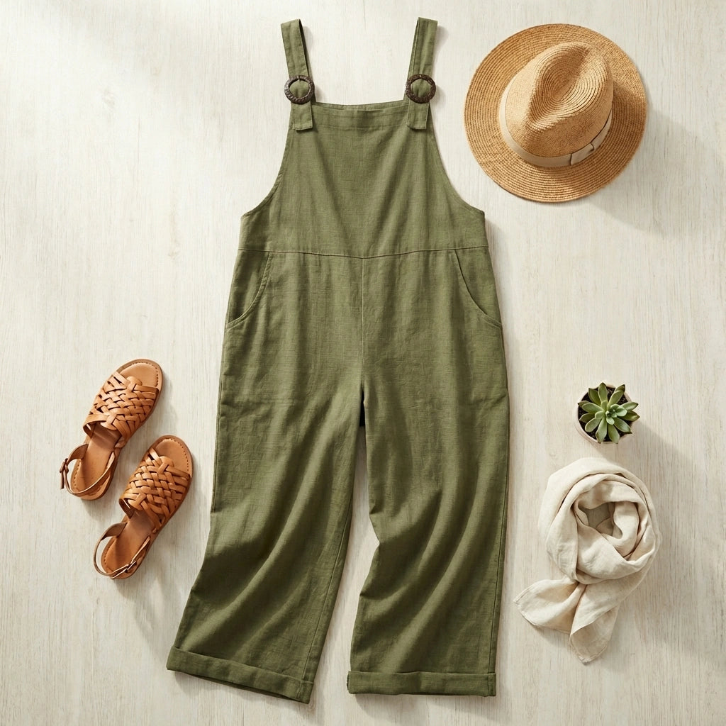 Luvana cotton linen overalls in olive green, displayed in a flat-lay lifestyle setting with a straw hat, sandals, and accessories.
