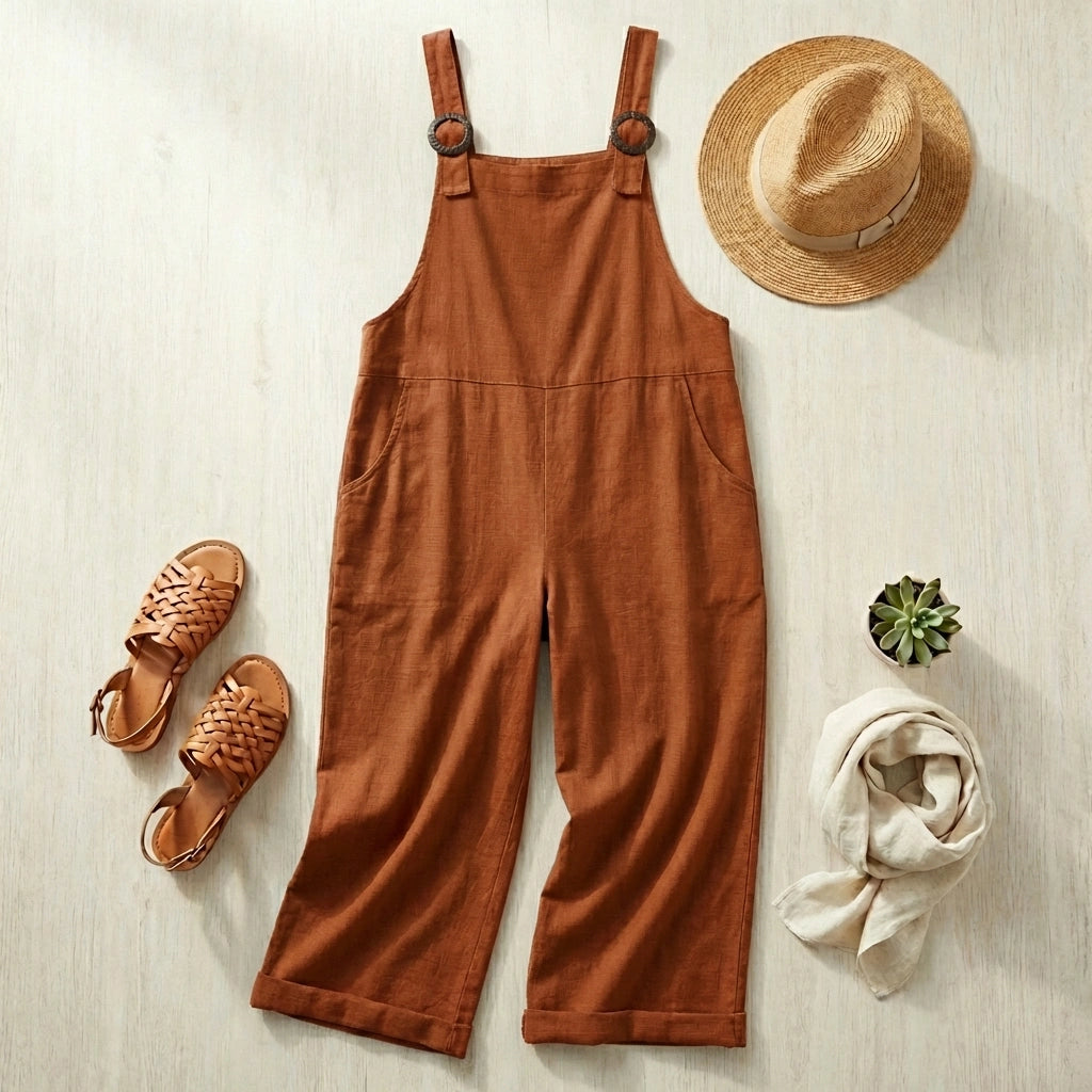 Luvana cotton linen overalls in terracotta red, styled as a flat-lay with a straw hat, sandals, and scarf on a light wood background.