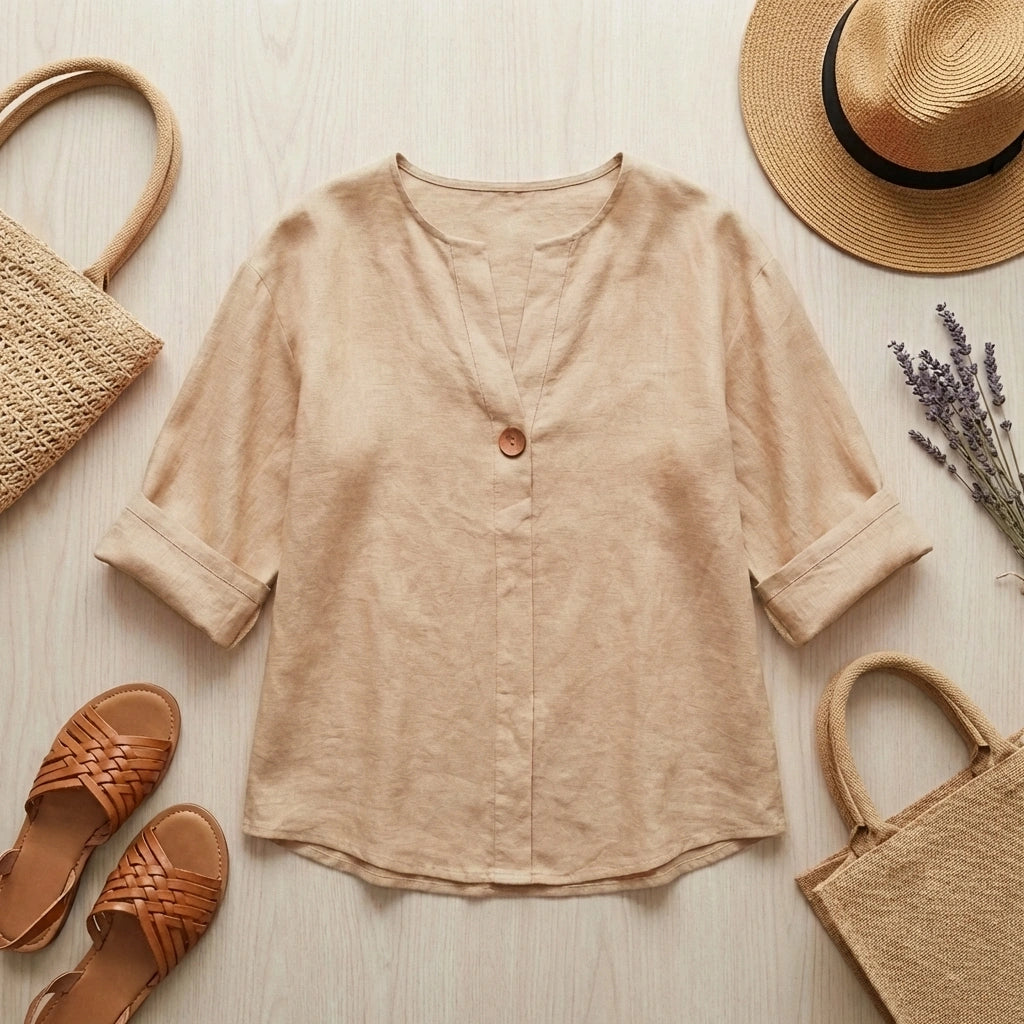 Luvana linen blend blouse in beige with V-neck and single-button detail, displayed in a flat-lay with a straw hat and bag.