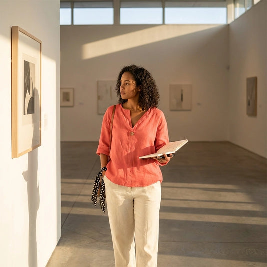 Luvana sunset orange linen blend blouse with relaxed V-neck and half-sleeves, worn by a woman in an art gallery.