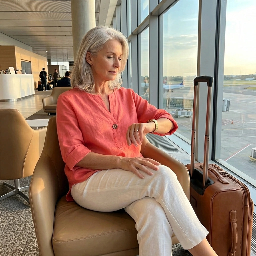 Luvana sunset orange linen blend blouse with relaxed V-neck and single-button detail, worn by a woman in an airport lounge.